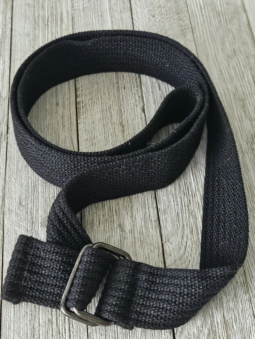 Black Woven Cotton Canvas Web Belt with Metal Double Ring Buckles .Measures 1.5